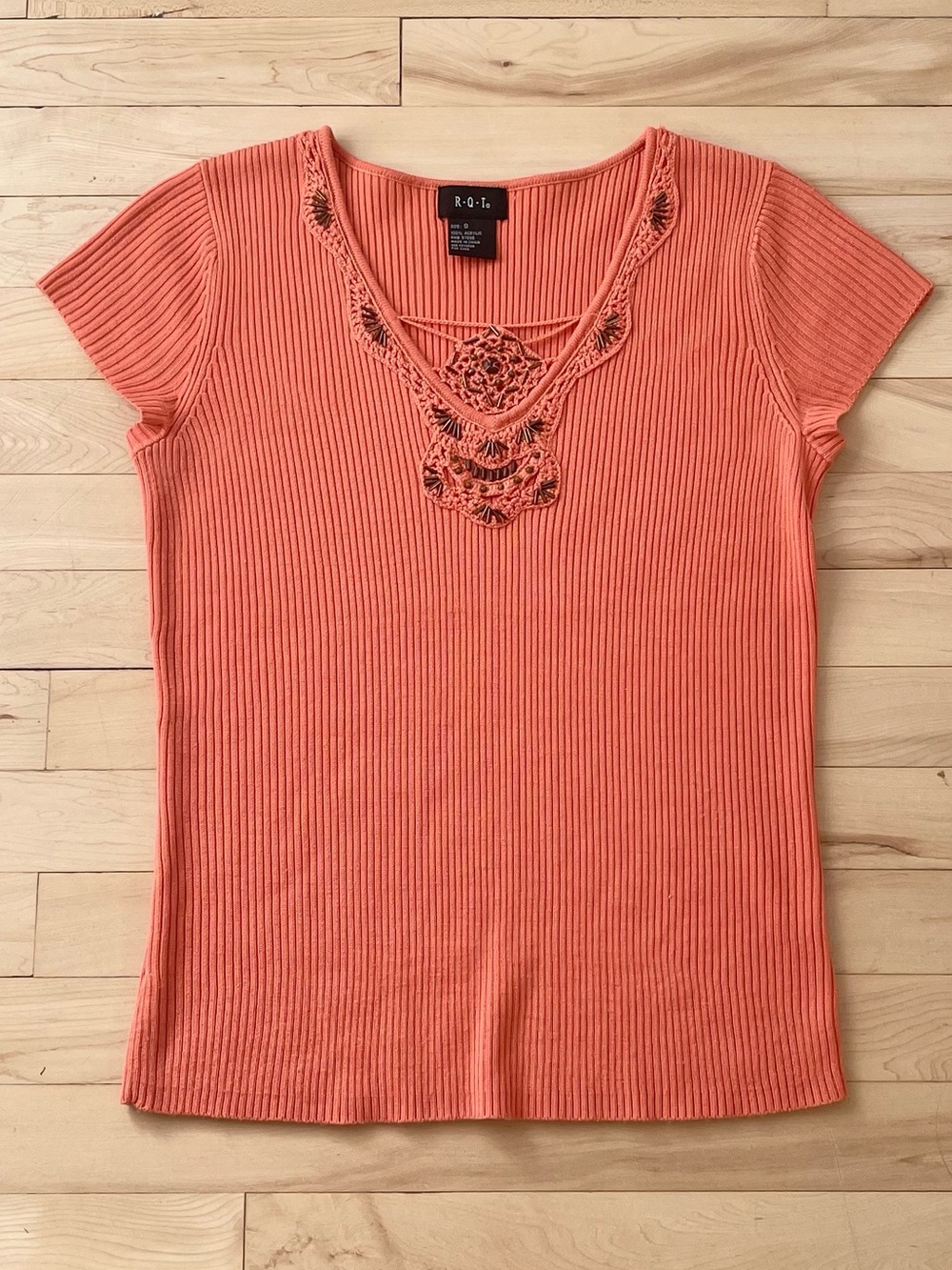 Y2K Coral Ribbed Short Sleeve Tee with crochet beaded Neckline